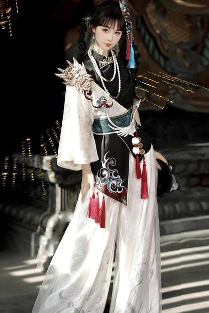 Black/White Stand Collar Single Long Sleeve Printed Embroidered Asymmetric Chinese Style Ouji Set