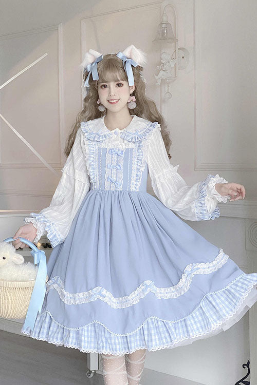 Blue Lapel Collar Bowknot Multi-Layer Ruffled Sweet Lolita JSK Dress