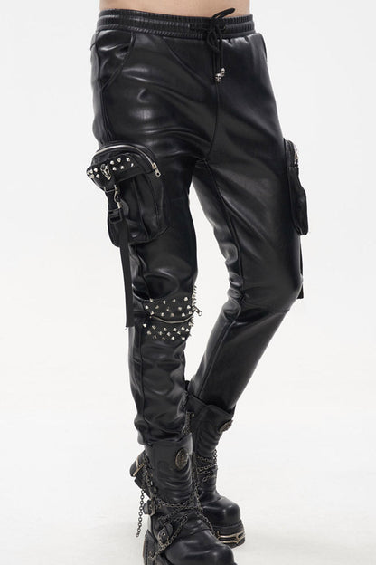 Black Punk Leather Metal Rivets Zipper Stereoscopic Side Pockets Men's Pants