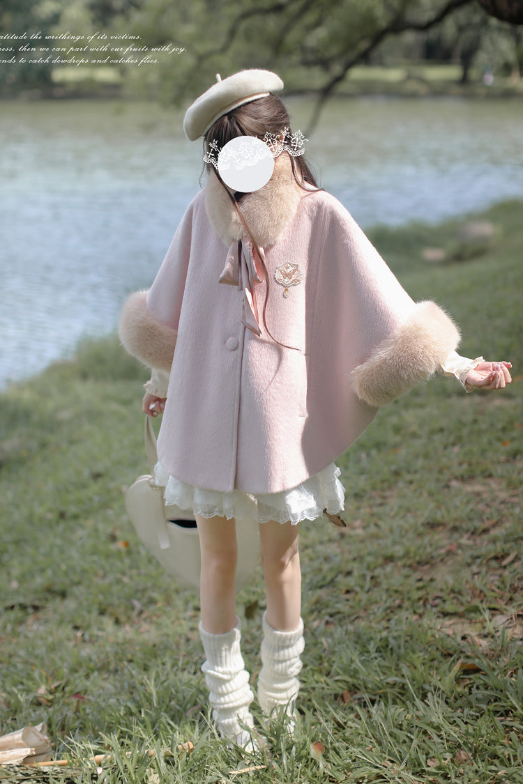 Pink Long Sleeves Lace Sweet Japanese Lolita Fluffy Cloak Coat