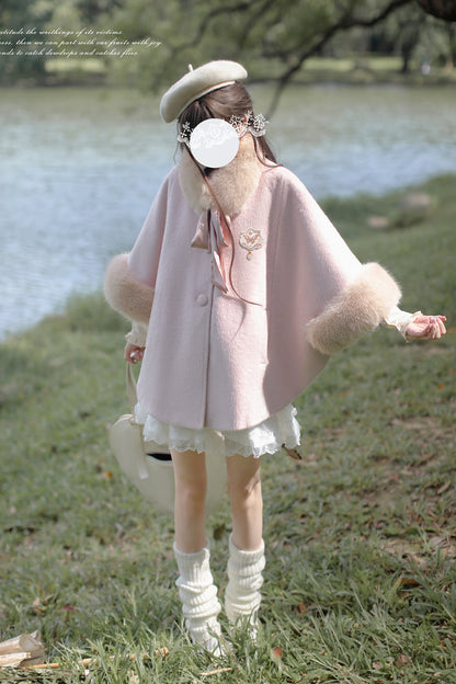 Pink Long Sleeves Lace Sweet Japanese Lolita Fluffy Cloak Coat