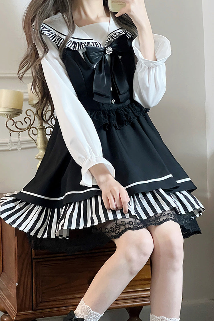 Black [Twilight Song] Stripe Print Bowknot Lace Jirai Kei Jumper Dress