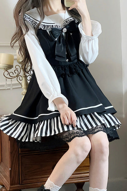 Black [Twilight Song] Stripe Print Bowknot Lace Jirai Kei Jumper Dress