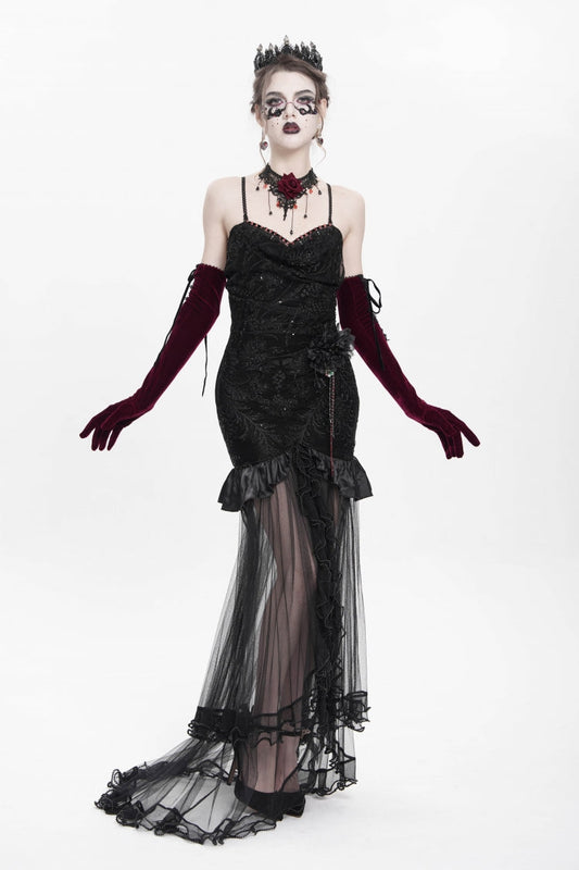 Black Floral Embroidery Mesh Hem Women's Gothic Long Slip Dress