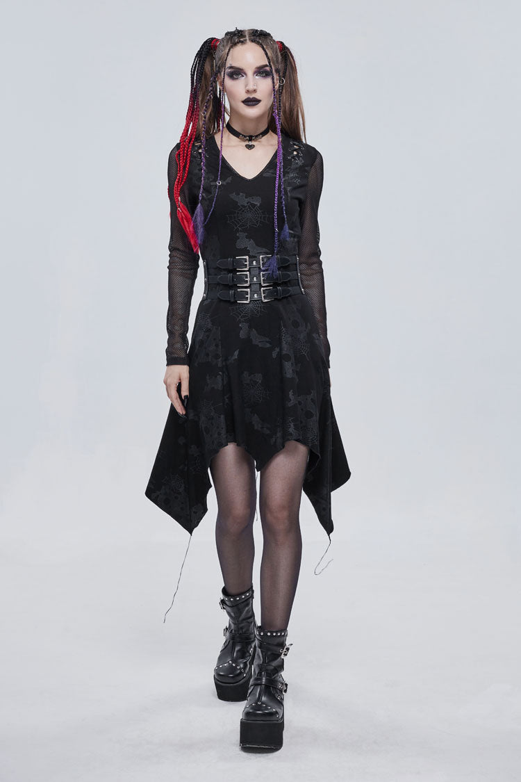 Black Shoulder Cutout Tie Rope V Neck Pattern Print Decorative Women's Gothic Dress