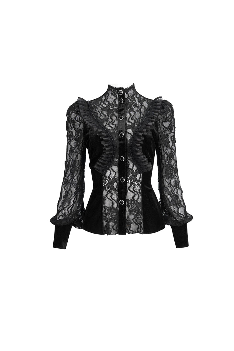 Black Velvet High Neck Lace Fake Bra Design Splicing Three-Dimensional Butterfly Mesh Women's Gothic Shirt
