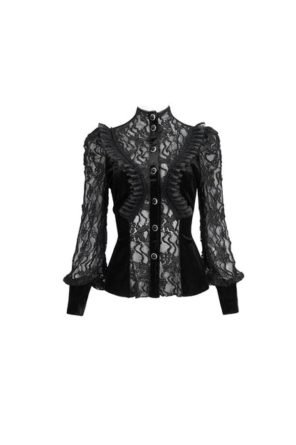 Black Velvet High Neck Lace Fake Bra Design Splicing Three-Dimensional Butterfly Mesh Women's Gothic Shirt