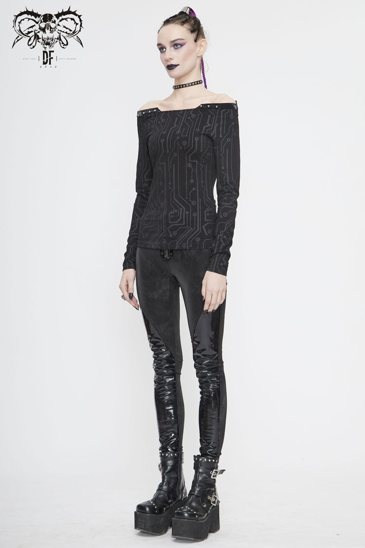 Black Printed Circuit Board Pattern Off-Shoulder Leather Strip Rivet Tight Women's Punk T-Shirt