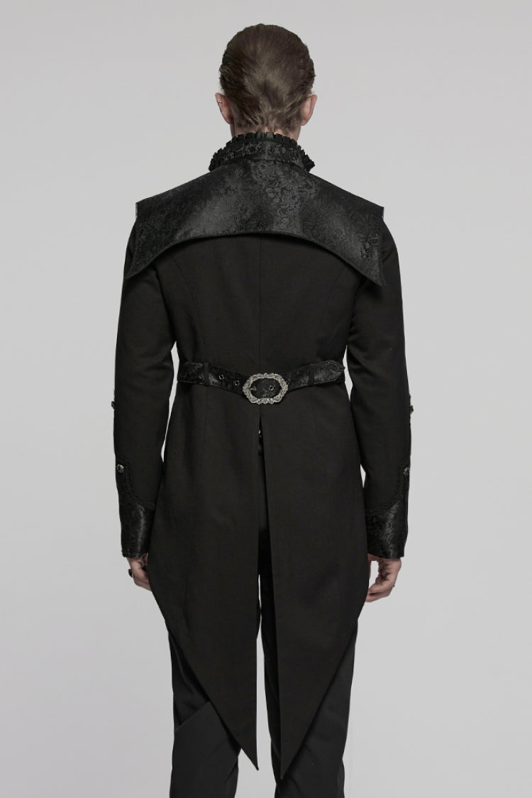 Black Stand Collar Long Sleeves Jacquard Stitching Swallow-tailed Men's Gothic Coat