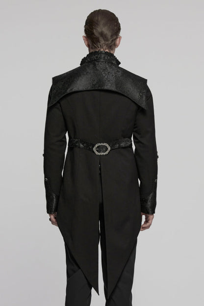 Black Stand Collar Long Sleeves Jacquard Stitching Swallow-tailed Men's Gothic Coat