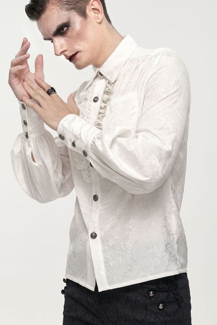 White Gothic Metal Pattern Buckle Long Sleeve Pleated Lace Lantern Shape Printing Pattern Men's Shirt