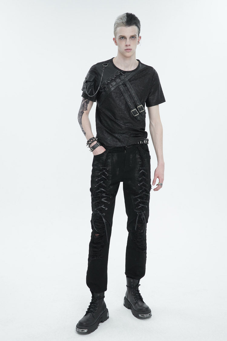 Black Vintage Print Buckle Splice Faux Leather Men's Punk T-Shirt