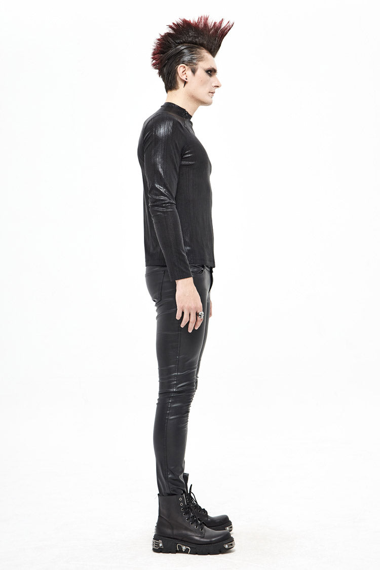 Black Zipper Neckline Long Sleeves Slim Mens Steampunk Top