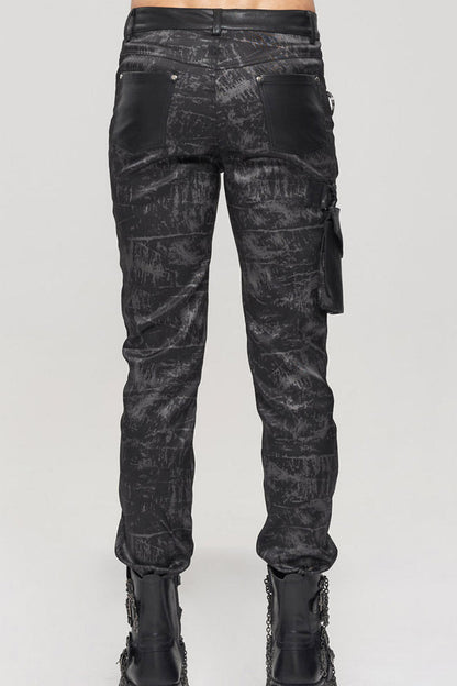 Black Punk Do Old Print Detachable Multi-Pocket Splicing Metal Rivet Decoration Men's Long Pants