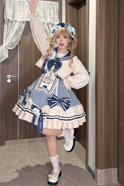 Blue/Ivory [Ride the Wind and Waves] Double-Layered Printed Ruffled Bow Lace Sweet Lolita Jsk Dress Set (Coat Included)