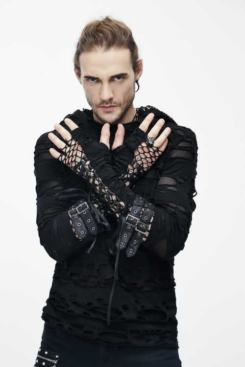 Black Ripped Finger Covered Autumn Hooded Mens Punk T-Shirt