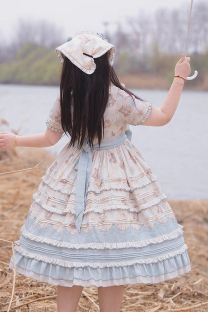 Blue/Apricot [Harvest Bear] Print Short Sleeves Multi-Layered Ruffle Bowknot Sweet Plus Size Lolita Dress 2 Versions