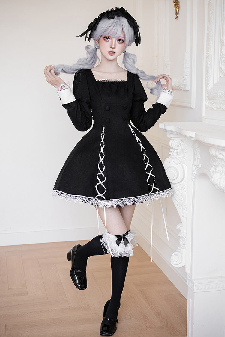 Black/White [Rose Doll] Square Collar Long Sleeves Bowknot Lace-Up Gothic Lolita Dress Set 2 Versions