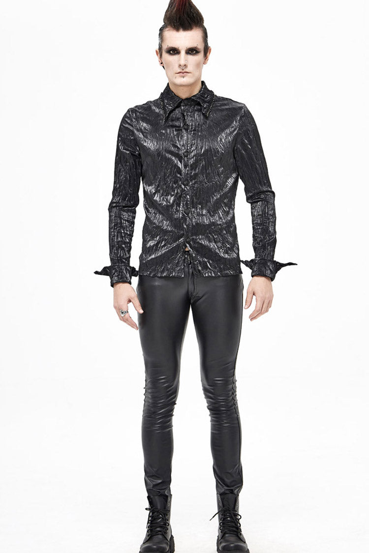 Black Twill Fold Collar Sharp Corner Cuff Light Metal Ring Webbing Men's Punk Shirt