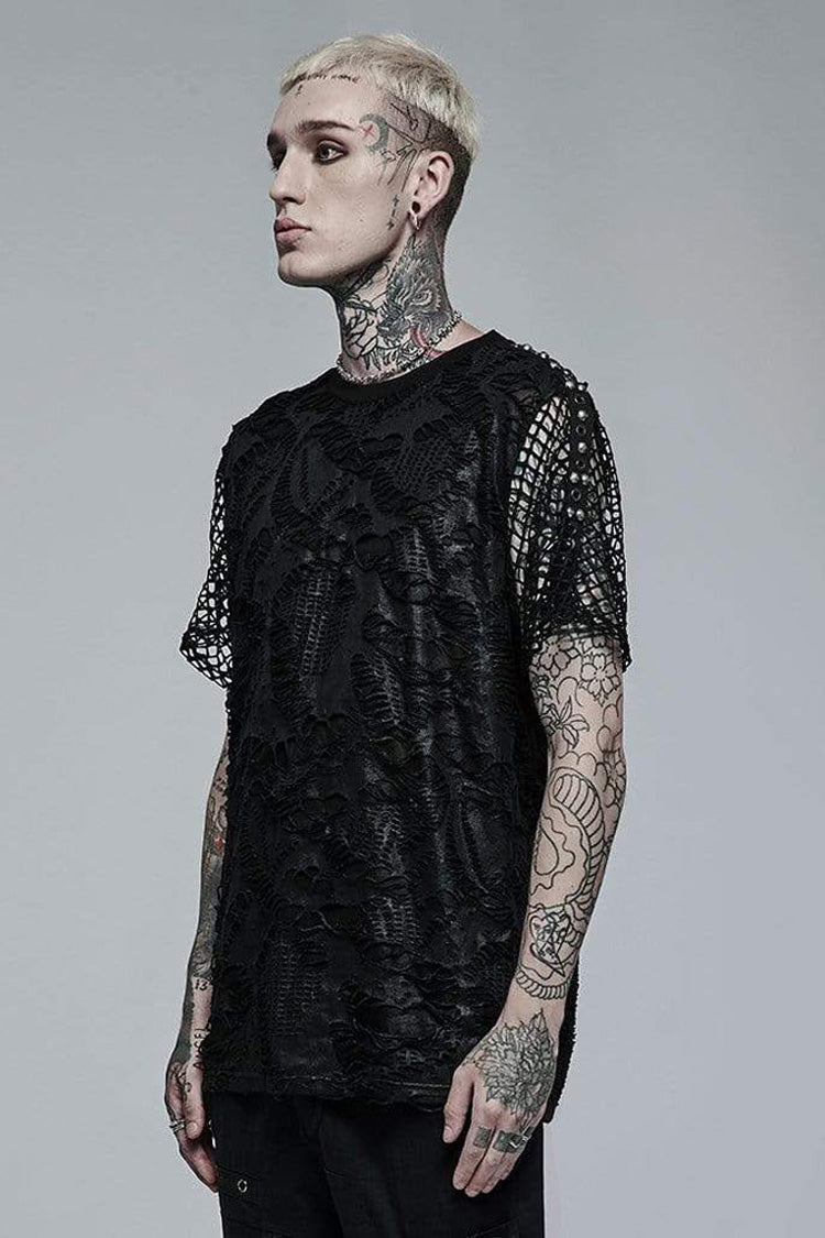 Black Punk Irregular Ripped Mesh Stitching Stretch Loose Knit Short Sleeved Men's T-Shirt