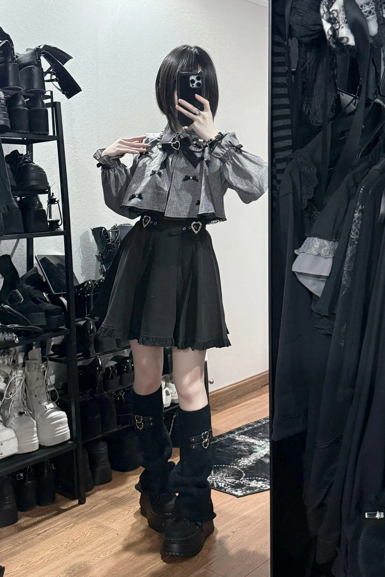 Black/Grey Long Sleeves Ruffled Double Heart Buckle Japanese Jirai Kei Set