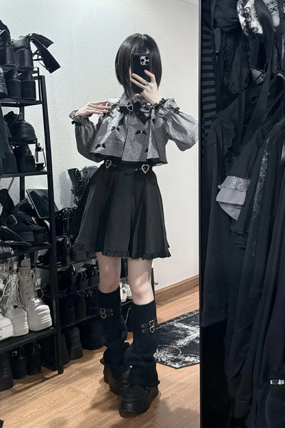 Black/Grey Long Sleeves Ruffled Double Heart Buckle Japanese Jirai Kei Set