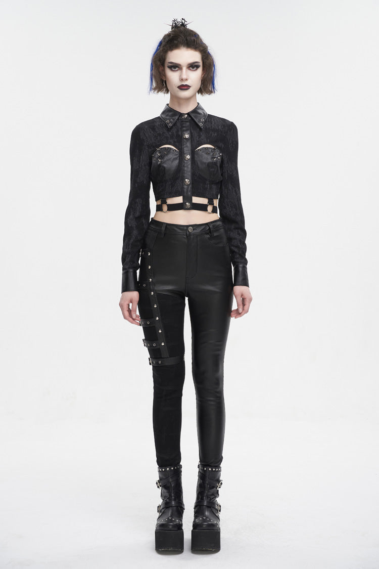 Black Turn Down Collar Cutout Long Sleeves Studded Women's Punk Shirt