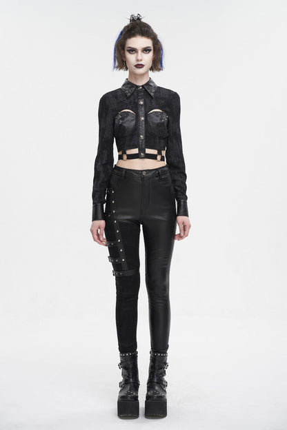 Black Turn Down Collar Cutout Long Sleeves Studded Women's Punk Shirt