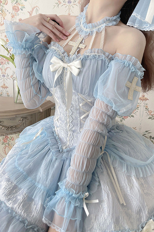 Blue Tube Top Sleeveless Blowknot Ruffled Sweet Lolita Tiered Dress