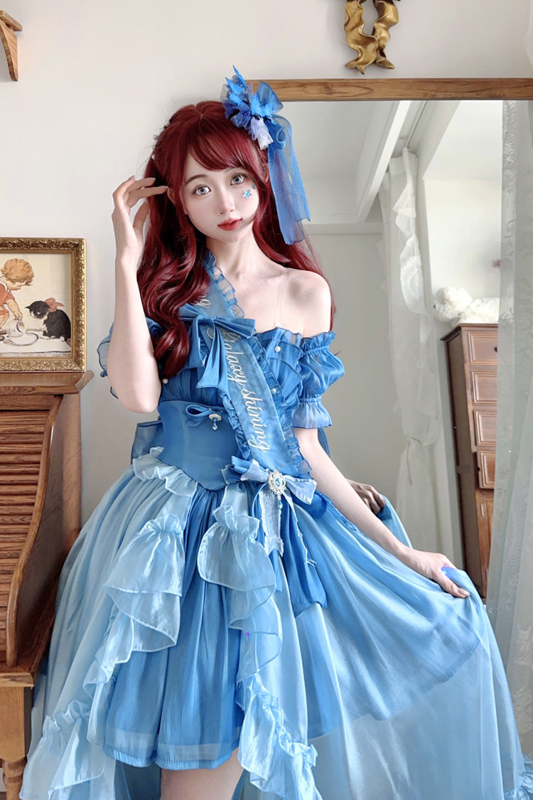 Blue [Mermaid Princess] Ruffle Hanayome Bowknot Sweet Elegant Lolita Jsk Dress Set
