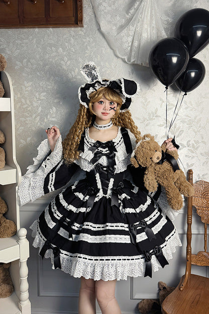 Black [Rabbit Sleeping Doll] Long Trumpet Sleeves Ruffle Bowknot Lace Sweet Lolita Dress