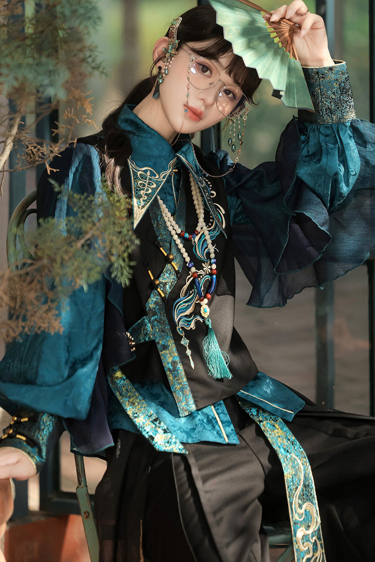 Black/Green Round Collar Long Sleeves Ruffle Embroidery Chinese Style Vintage Handsome Ouji Lolita Set
