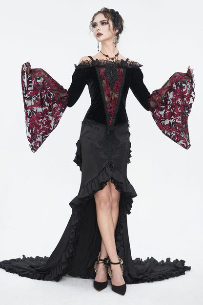 Black/Red Off Shoulder Trumpet Sleeves Embroidery Lace Women's Gothic Blouse
