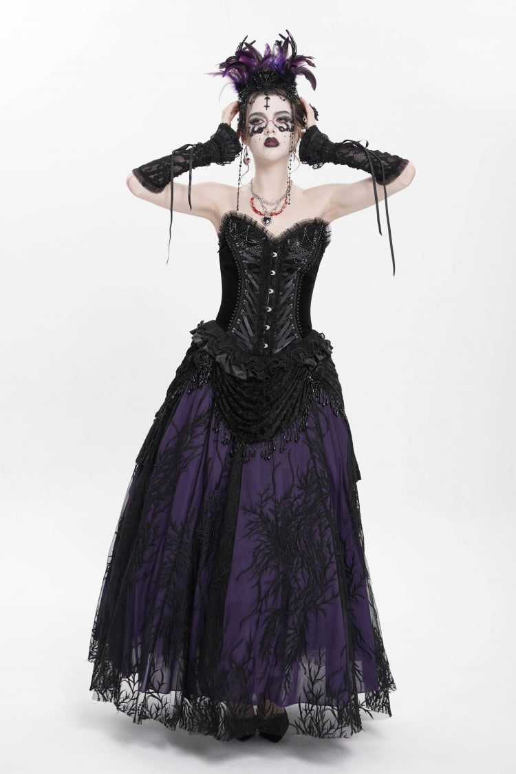 Black Sleeveless Beaded Lace Lace-Up Women's Gothic Overbust Corset