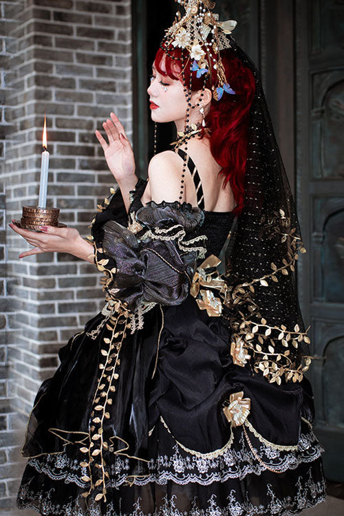 Black Vintage Elegant Court Style Embroidery Ruffled Classic Lolita JSK Dress