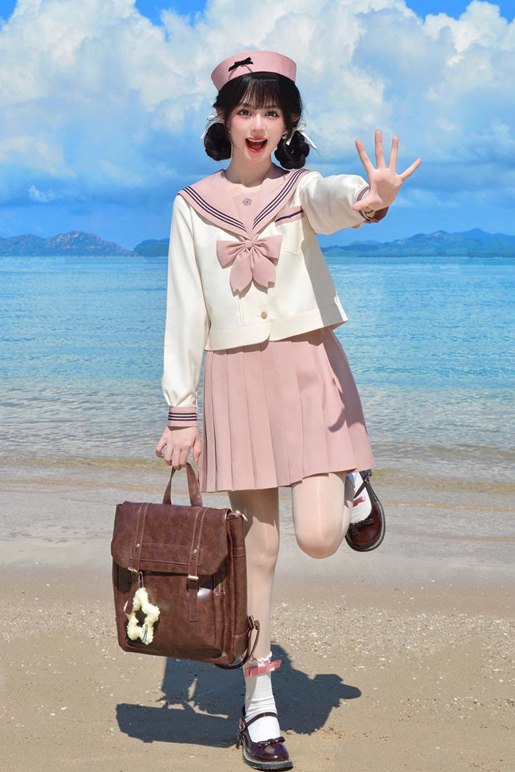 Pink/Ivory Sailor Collar Long Sleeves Sweet Japanese School Skirt Set