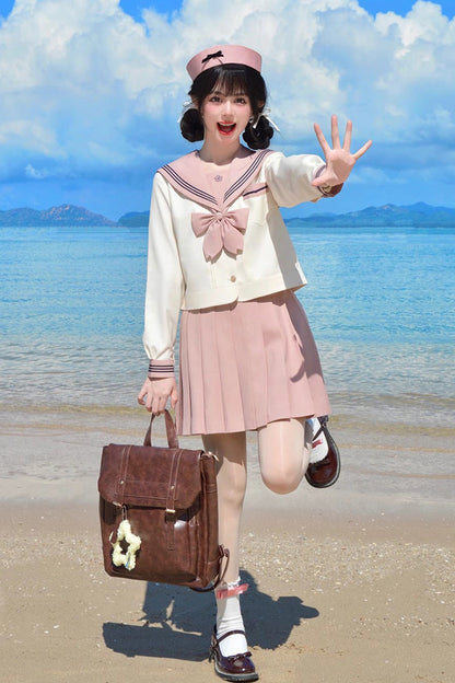 Pink/Ivory Sailor Collar Long Sleeves Sweet Japanese School Skirt Set