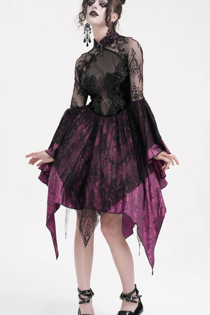 Black/Purple Long Sleeves Embroidery Lace Lace-Up Irregular Sheer Mesh Women's Gothic Dress