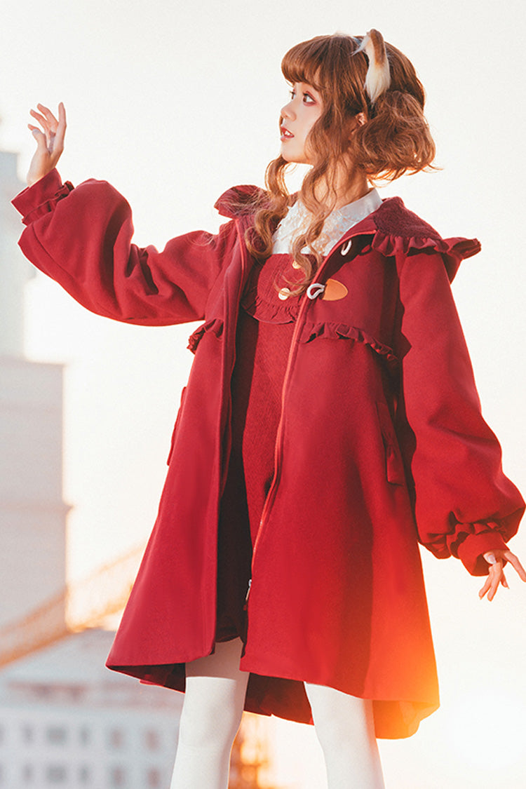 Red Cat Tail Long Sleeves Ruffle Bowknot Hooded Sweet Lolita Coat