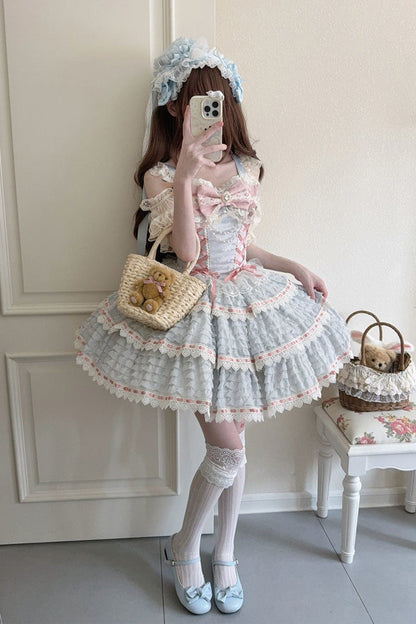 Blue [Song of Floral Letters] Sleeveless Triple-Layered Bowknot Lace-Up Sweet Lolita Jsk Dress