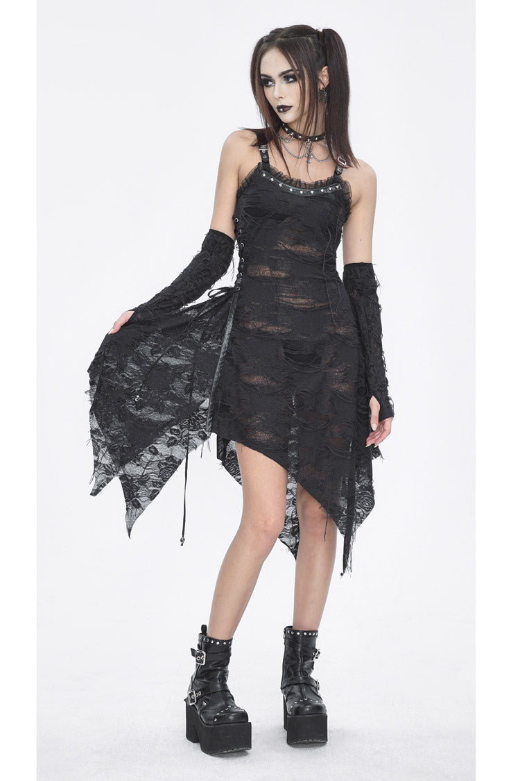 Black Sleeveless Lace Irregular Womens Gothic Strap Dress