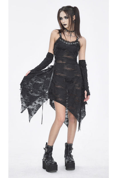Black Sleeveless Lace Irregular Womens Gothic Strap Dress