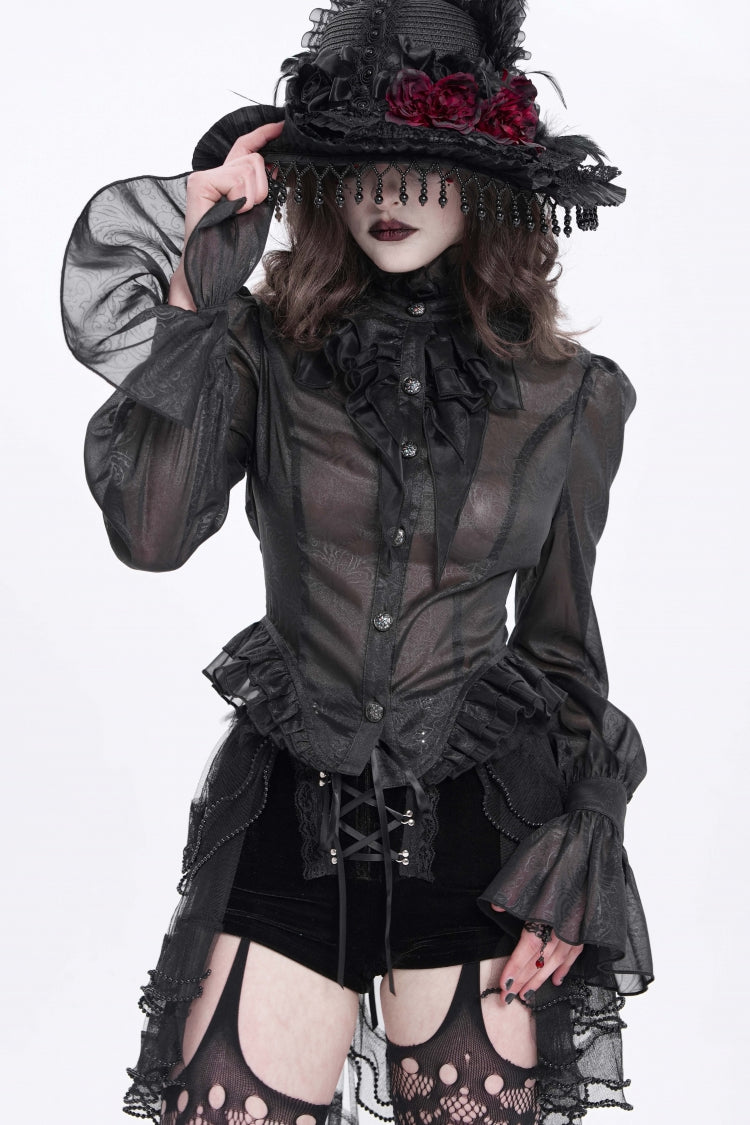 Black Stand Collar Ruffle Sheer Women's Swallow-tailed Gothic Blouse