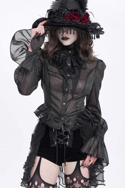 Black Stand Collar Ruffle Sheer Women's Swallow-tailed Gothic Blouse