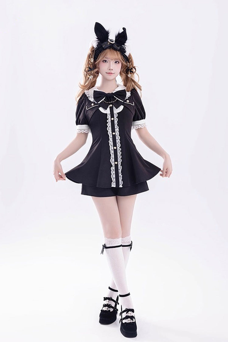 Black Short Sleeves Ruffle Bowknot Fake Two Pieces Jirai Kei Japanese Dress Shorts
