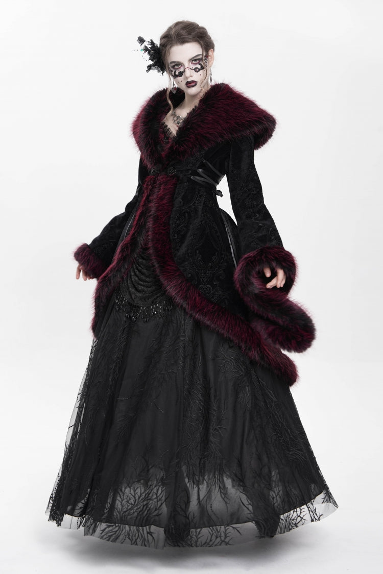 Red Long Sleeves Floral Embroidery Women's Gothic Fluffy Coat