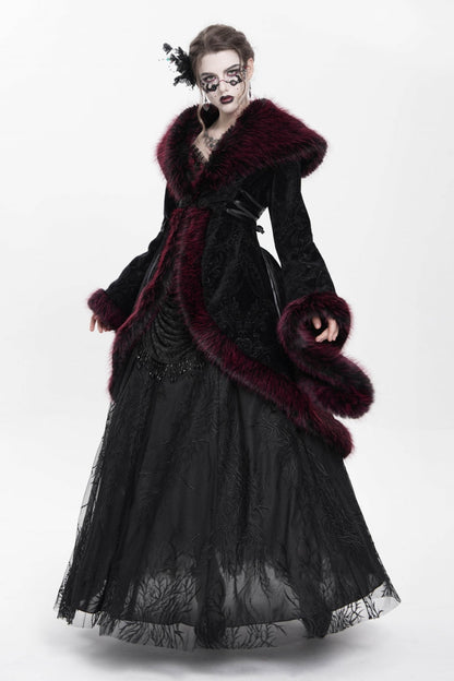 Red Long Sleeves Floral Embroidery Women's Gothic Fluffy Coat
