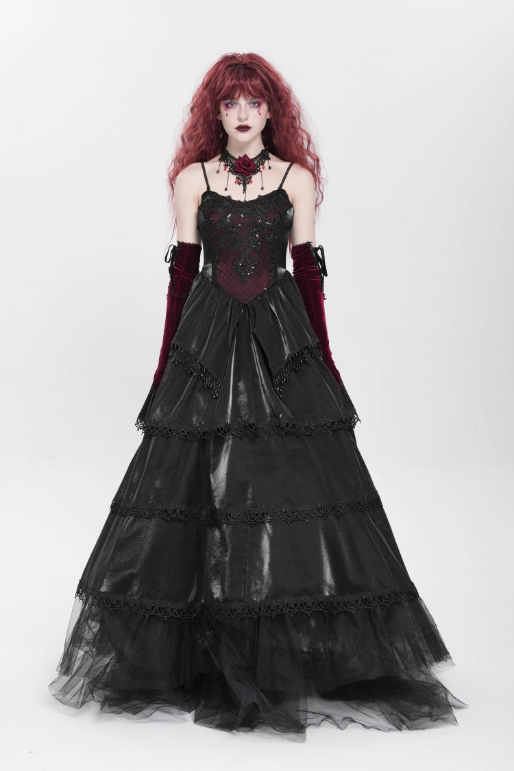Black Sleeveless Multi-Layered Embroidery Pearl Women's Gothic Slip Dress