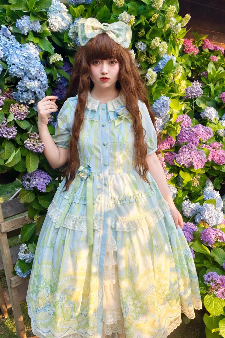 Blue/Green [Lily of the Valley Perfume] Pearl Candy Tea Doll Collar Short Sleeves Printed Lace Plus Size Sweet Lolita OP Dress
