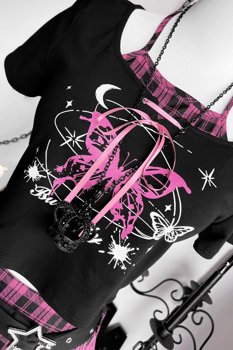Black/Pink [Butterfly Chapter] Short Sleeves Print Gothic Jirai Kei Skirt Set